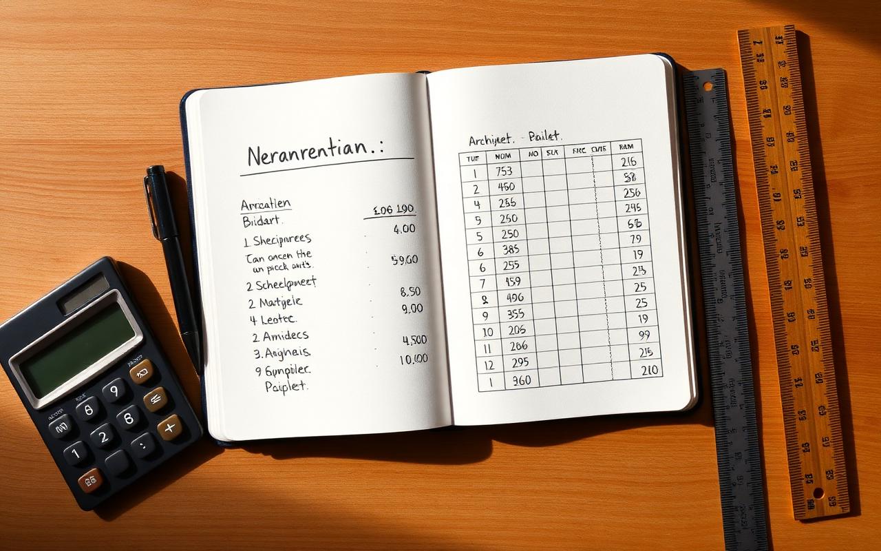 Åben notesbog med håndskrevne budgetkolonner og lommeregner