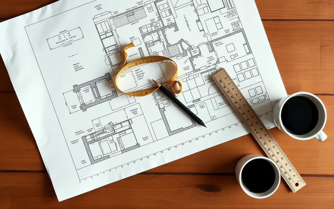 Arkitekttegning på trækbord med målebånd, blyant og kaffekop